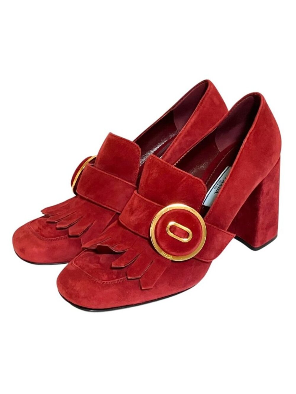 Prada Suede Leather Chunky Heels High Fringe Pumps